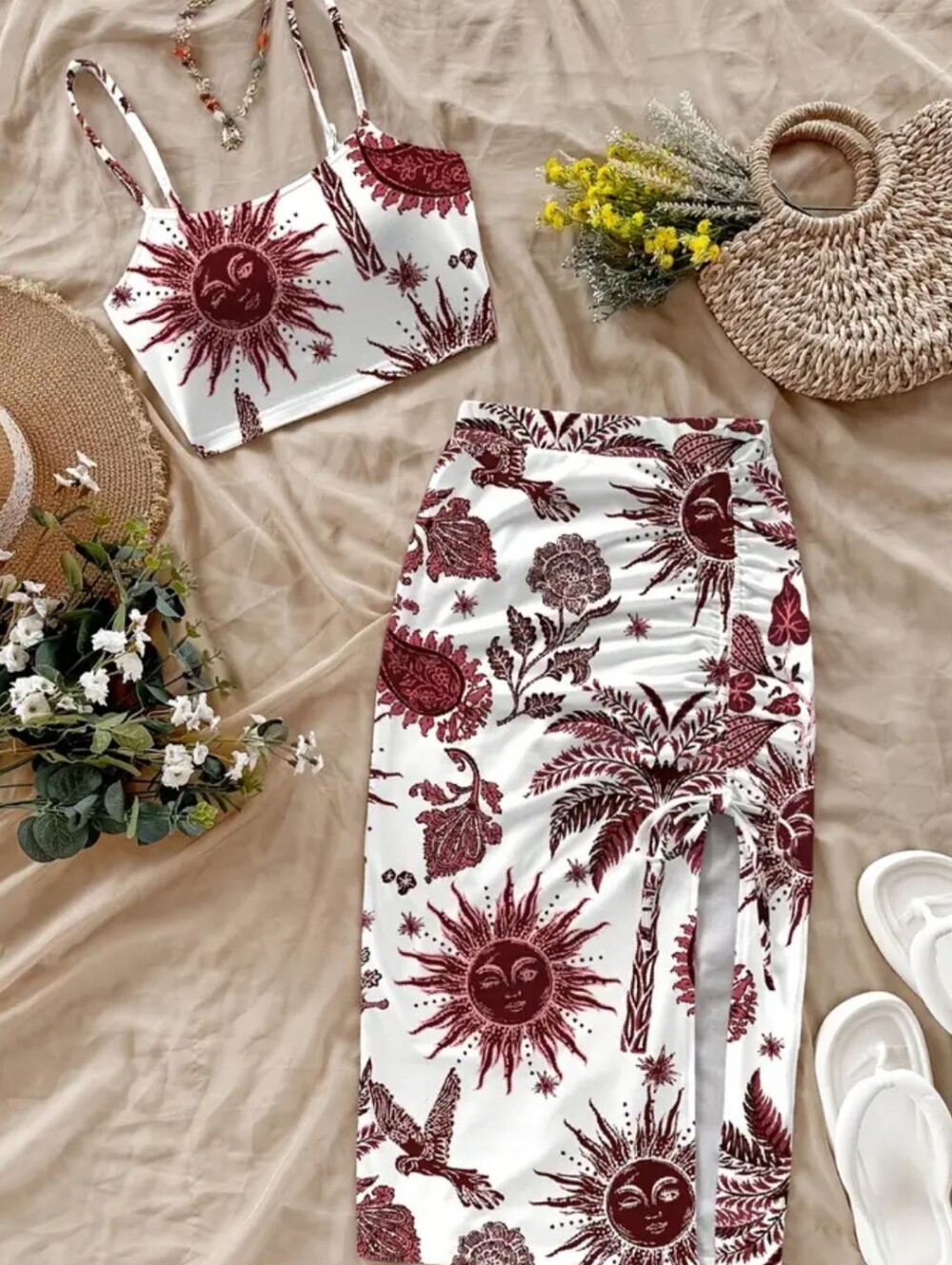 Sun & Floral Print Two-Piece Set - White & Burgundy Size Large